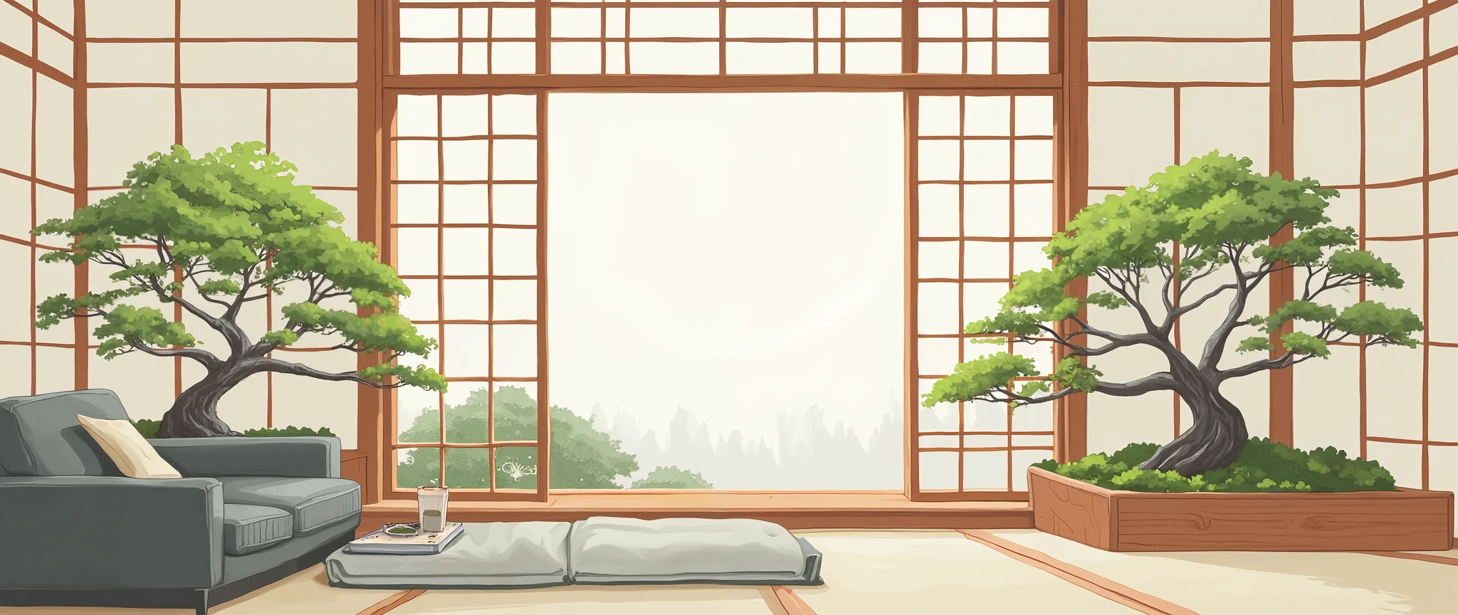 illustration in soft colors predominating , minimalism of a Japanese style living room with window to see the minimalist Japanese garden with bonsai trees, the stage evokes energy and elegance