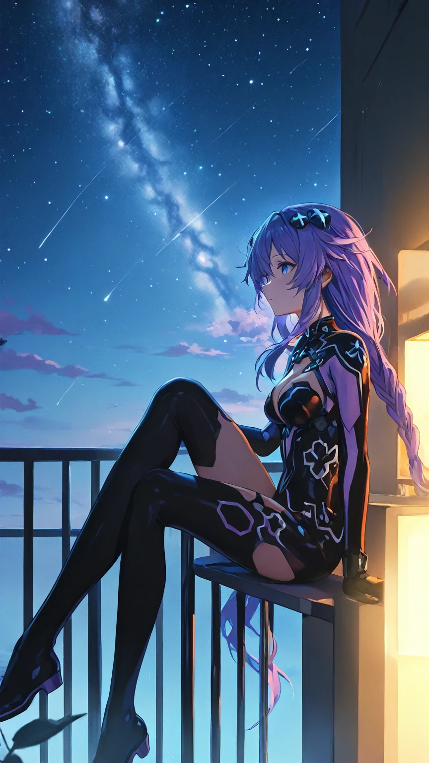 Purple girl on an alien planet between the North Star and the Big Dipper