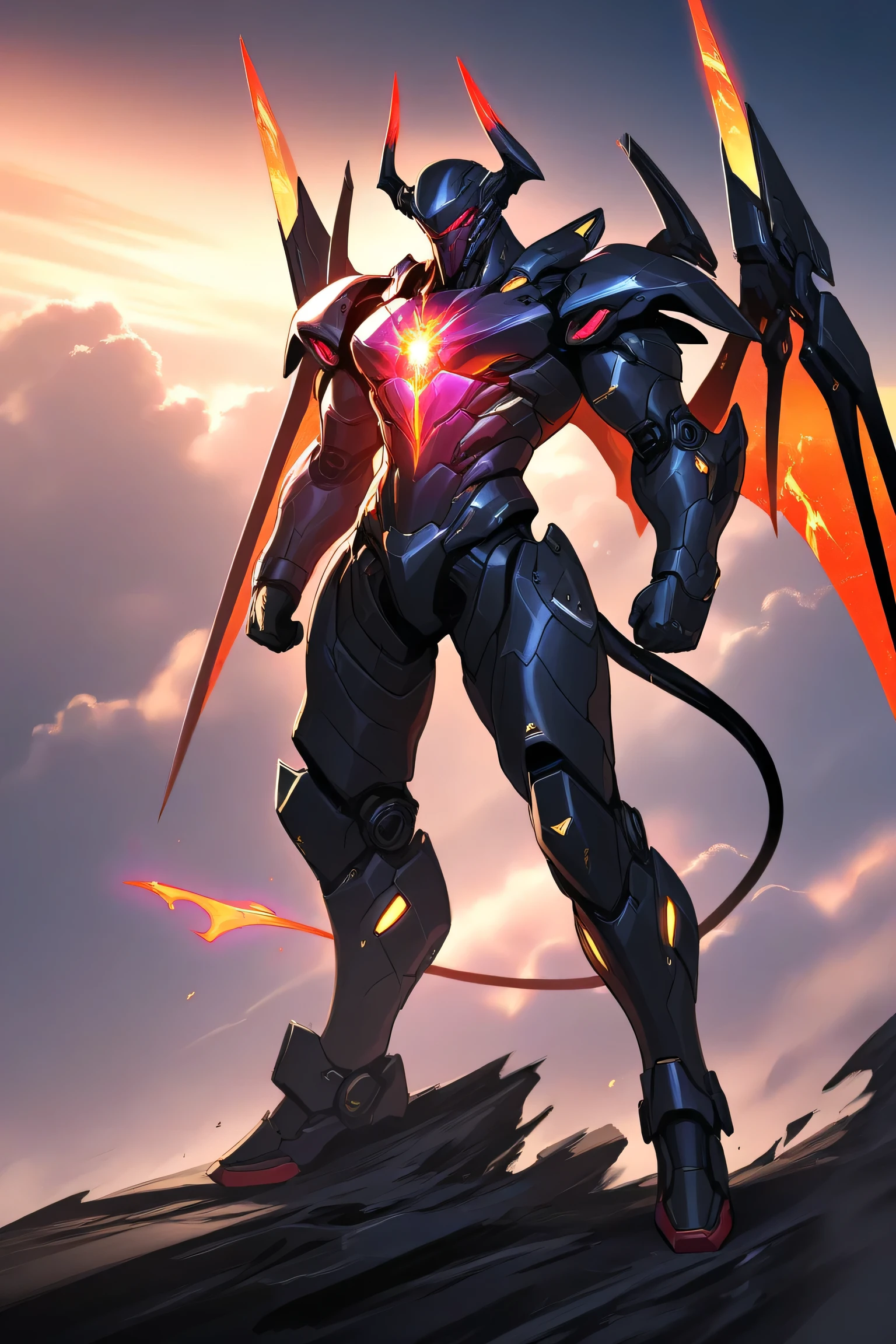 Design a highly detailed and visually striking image of advanced futuristic demon-themed full body nanotech armor for a human. The armor should blend elements of dark fantasy with cutting-edge futuristic technology, incorporating sleek metallic surfaces, glowing reactor on chest that powers the whole armor, and intricate designs that evoke a sense of power and menace. Include features such as sharp, horns, mechanical demon wings with thrusters, and highly advanced mechanical enhancements that suggest both strength and agility. The color palette should be a mix of deep blacks, iridescent purples, and fiery reds, with a dramatic lighting that highlights the armor's contours and embellishments. The background should be a beautiful skyscape covered in clouds, the overall theme of a powerful demon warrior flying in the sky above clouds.