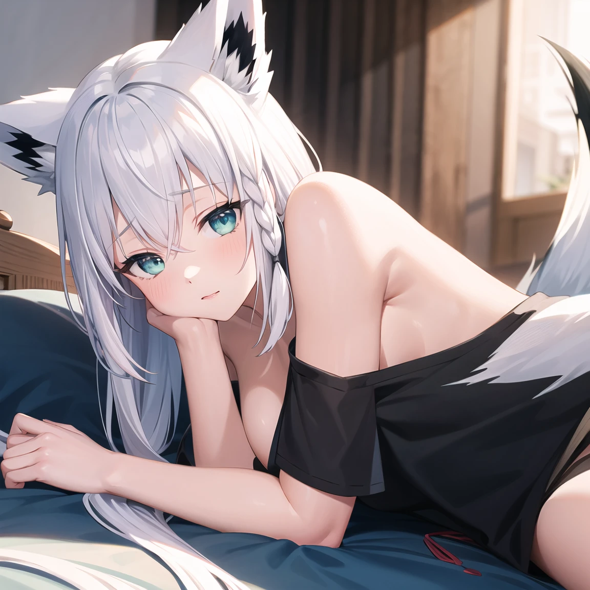 (1 girl), (gentle), (HD quality, masterpiece level), cute  characters, dark gray hair, blue eyes, (wolf ears), (wolf tail), one tail, (no ears), (littear covered), (hair covered ears), face camera, Lolita Nude