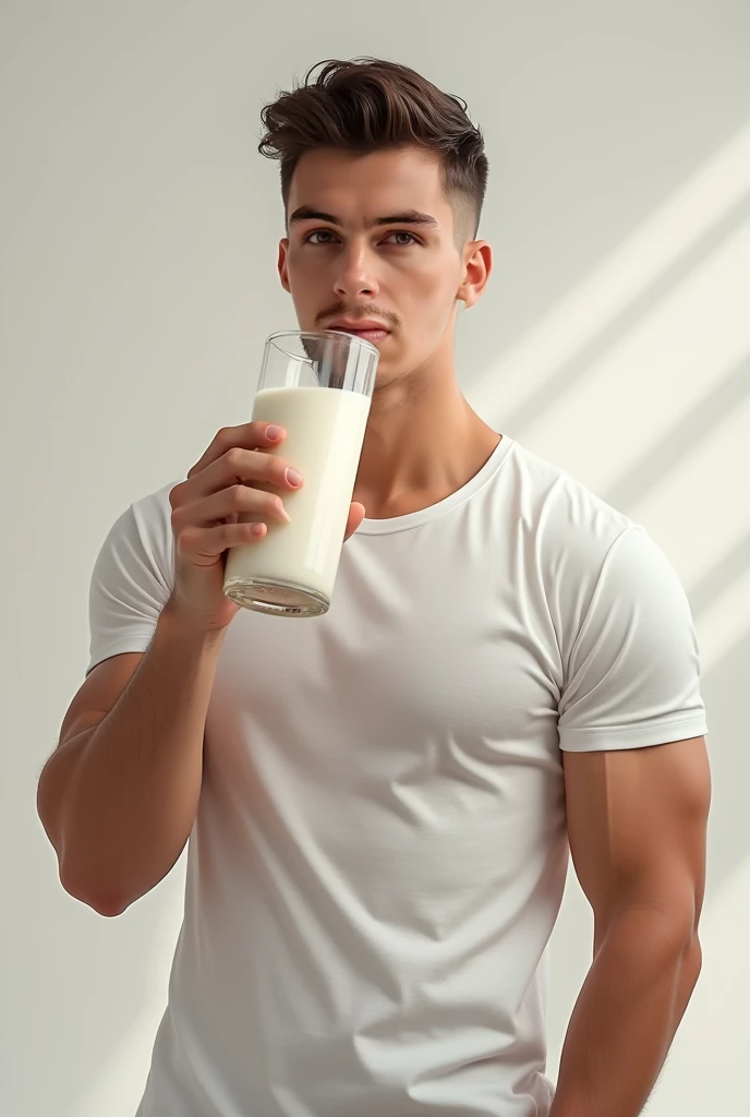 Handsome man collecting milk in the field without a shirt