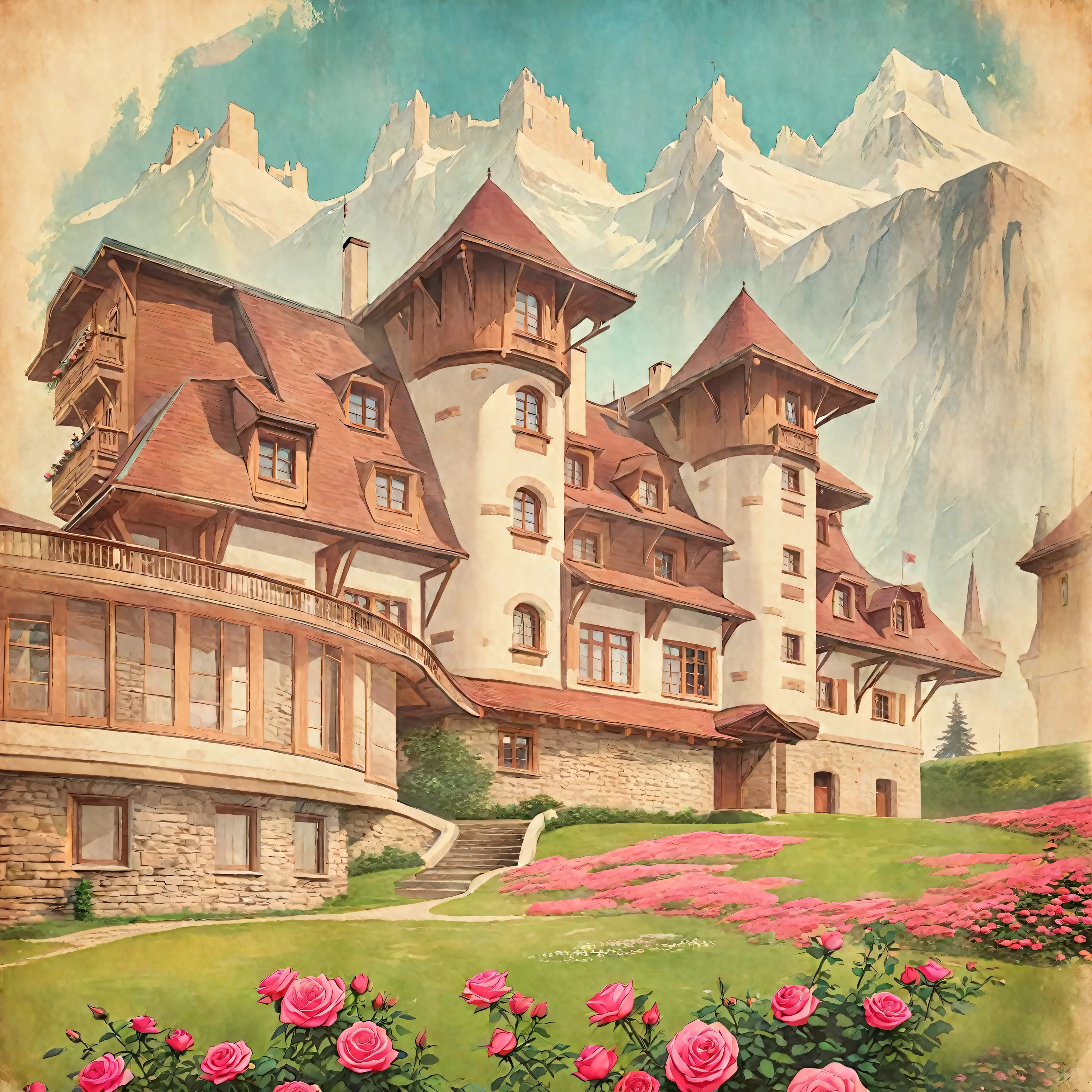 vintage hotel poster in roses, alpine architecture, castle, luxury castle, exterior view, swiss architecture, chalet, front side, drawing, poster, vintage poster, rose colors, 8 march, vintage roses