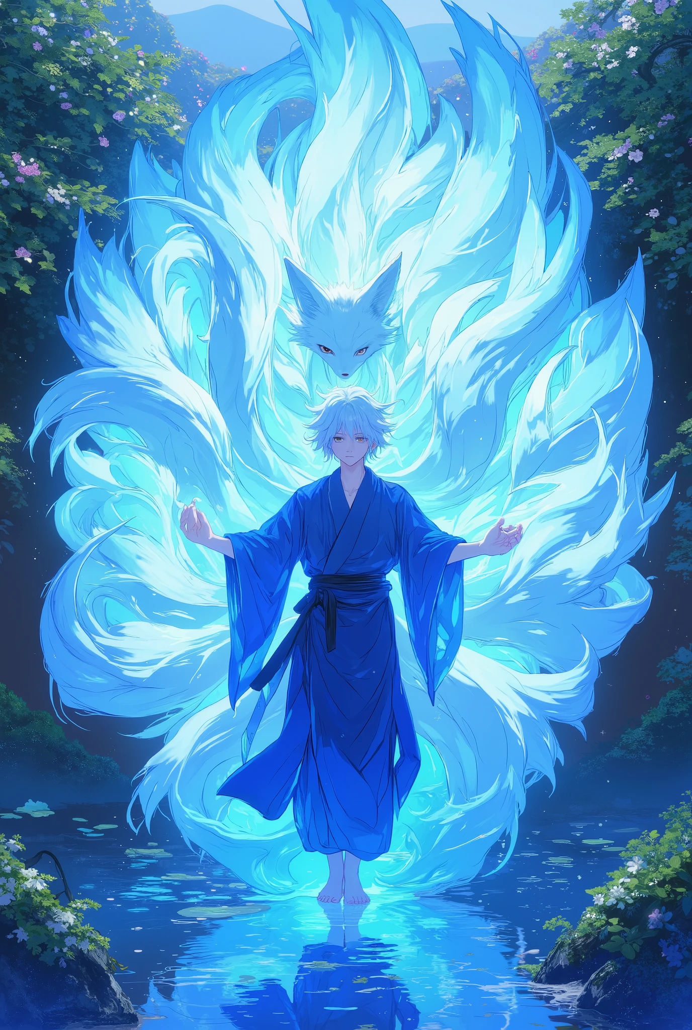 Gentle whites nine-tailed fox yokai young man, wear deep azure blue. in a garden with blue flames in his hands