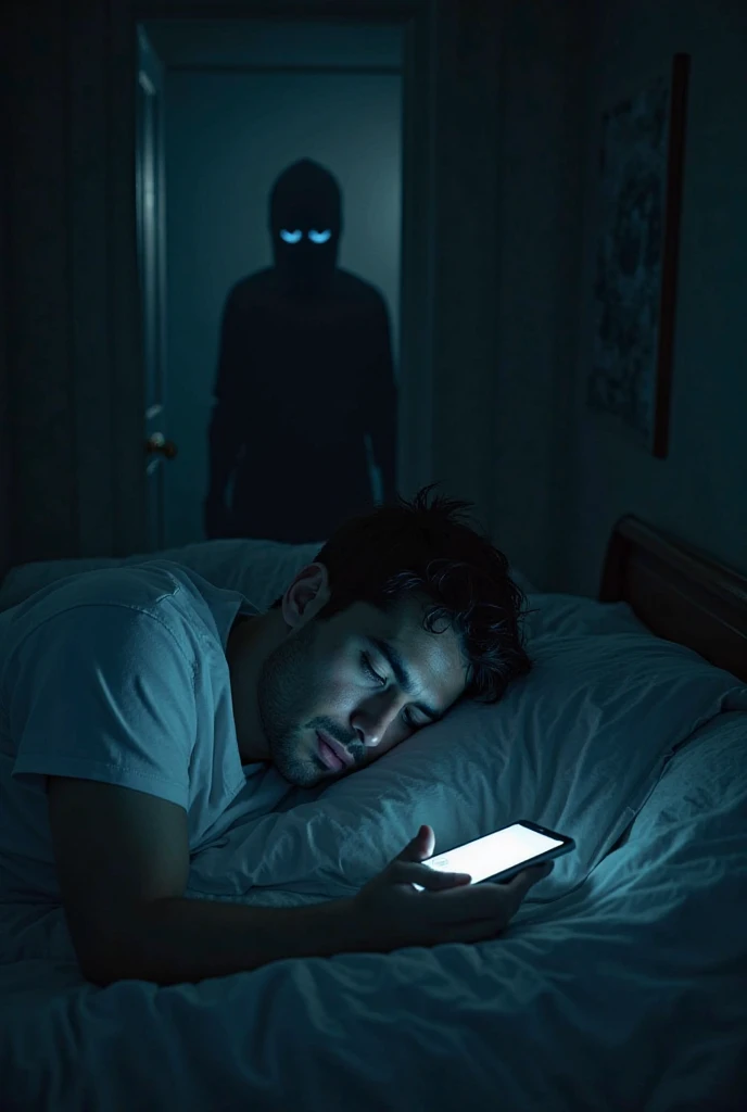 "The medium height, medium build white man with short, curly black hair, white skin, brown eyes, and a goatee is lying in his neatly arranged room, wearing only his underwear. It's nighttime, and rain taps softly against the window. He is focused on his phone, completely unaware of the eerie presence outside. A demon lurks at the window, watching him intently through the glass, illuminated faintly by the dim light in the room. The atmosphere is tense, with the storm outside amplifying the unsettling presence."