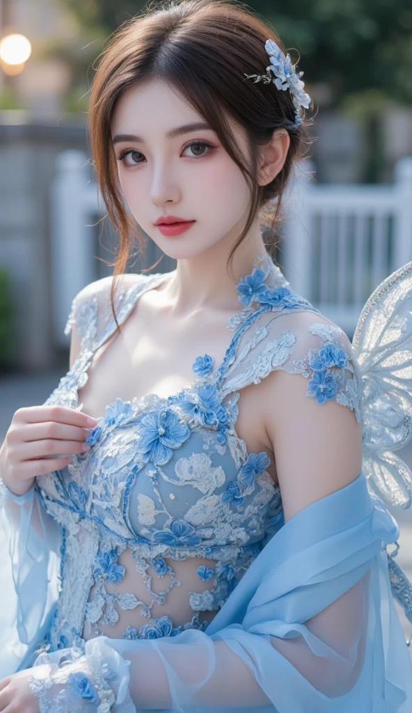 Nipples, ((Light Blue Lingerie))、(((masterpiece, Highest quality)), 1 girl, (Realistic: 1.4), alone, White color background, Dark brown hair, ((blunt bangs))、hime_cut、Short Hair,smile、 ((whole body)),  Very beautiful woman、Slender women、(Detailed face)、Realistic Skin、((Delicate photo))，(Girl Masterpiece RAW Photo Details:1.25), (Highest quality:1.6), (Ultra-high resolution:1.5), (Realistic:1.75),8k resolution, ,50mm,Absurd, Ultra-detailed,Cinema Lighting、(((Lots of flowers)))、(((Flower Art)))、Artwork、
