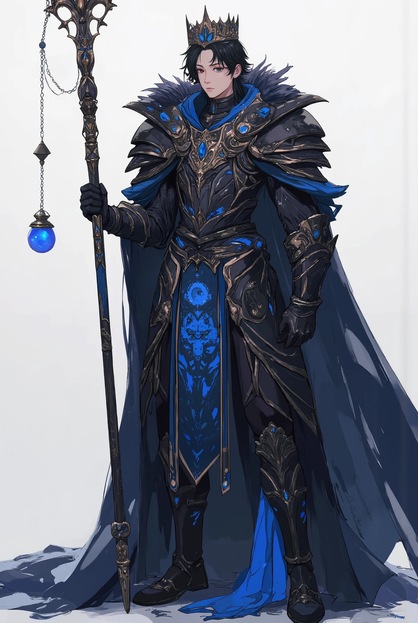 Create a king with a crown, age 28, With a thin body, with black and blue leather armor with a wolf printed on it. short black hair, . holding a large staff. a staff with a hanging copper lamp on the end, the lamp is blue fire and has a rounded design.