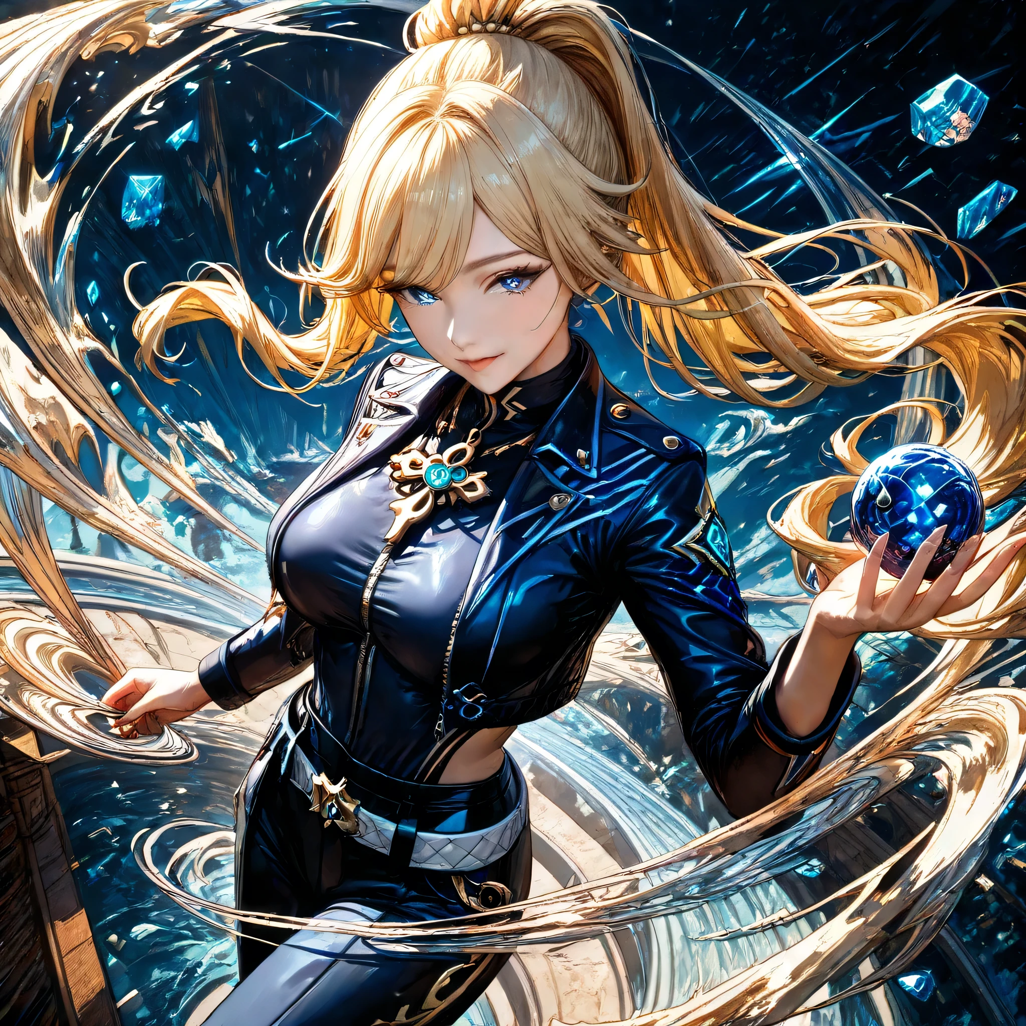 (Masterpiece, best quality), (ultra high resolution, 8K RAW photo, photo realistics:1.5, textile shading, thin outline), Beautiful young woman holding an actively swirling wind vortex floating in one hand, (Fontaine Genshin Impact background), wearing fitted jacket, high-collared navy blue cropped zipped jacket, leather navy jacket, silver trims jacket, constellations embroidered jacket, starry jacket, silver maltese cross necklace, glowing cross necklace, black fitted trousers, high-waisted trousers, silver buckles, straps, silver belt, small pouches around waist, silver boots, medium tall and long legs, long blond hair tied to ponytail, (22 years old, solo), (large breast, narrow waist), (long blond hair, updo, side lock, wavy hair), (bright sapphire pupils, detailed sapphire gemstone cuts eyes, detailed blue gemstone eyes, high detailed face, Perfect face shape, eye rush), (seductitve smiling, half-closing eyes), (looking at the wind vortex in her hand, looking at ball of swirling wind vortex on her hand:1.3), (dynamic angle, tighs focus, from above:1.2), ((correct anatomy:1.5, correct hands)), (ideal ratio of body proportions), outdoor, \anemo\(genshin impact\)