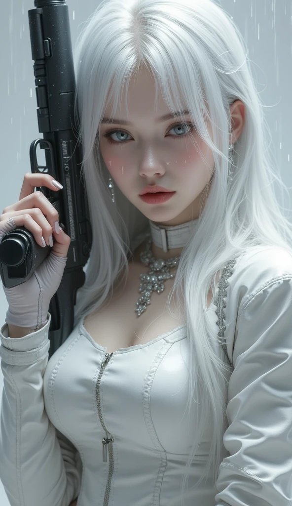 ((realistic on the hand, perfect , highest resolution, top quality, 8k)), Russian beauty with a pear-shaped figure, silver hair on the floor, silver eyes, pink lips,  cyberpunk style , k-2 rifle, It's a situation where you're confronted with an enemy in a futuristic city, are raining, ( nervous face)