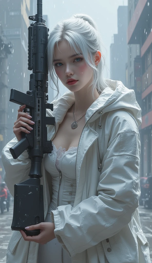 ((realistic on the hand, perfect , highest resolution, top quality, 8k)), Russian beauty with a pear-shaped figure, silver hair on the floor, silver eyes, pink lips,  cyberpunk style , k-2 rifle, It's a situation where you're confronted with an enemy in a futuristic city, are raining, ( nervous face)