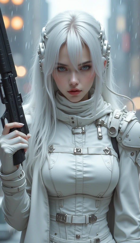 ((realistic on the hand, perfect , highest resolution, top quality, 8k)), Russian beauty with a pear-shaped figure, silver hair on the floor, silver eyes, pink lips,  cyberpunk style , k-2 rifle, It's a situation where you're confronted with an enemy in a futuristic city, are raining, ( nervous face)