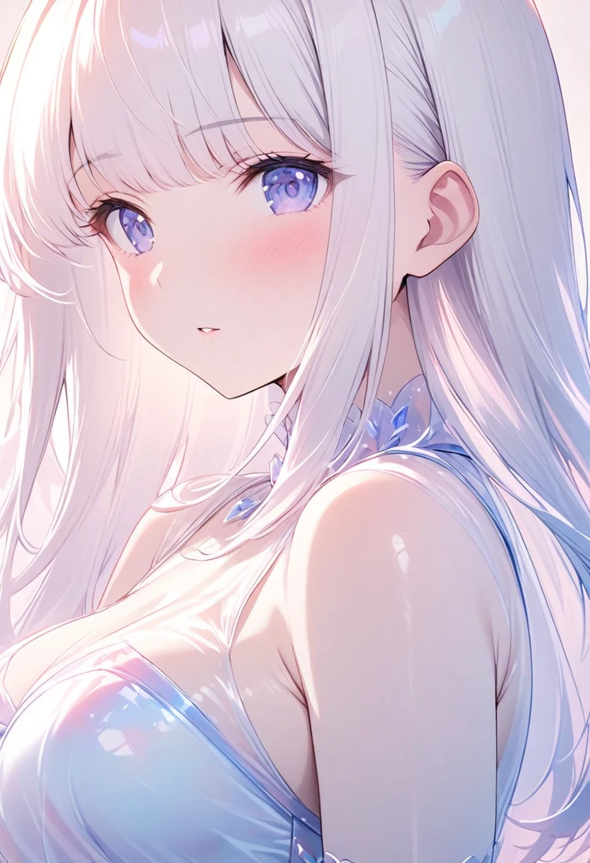 breast, straight hair,Upper body,transparent clothes,intimate clothing、simple style princess dress,female beauty,light color,close up,soft gradient