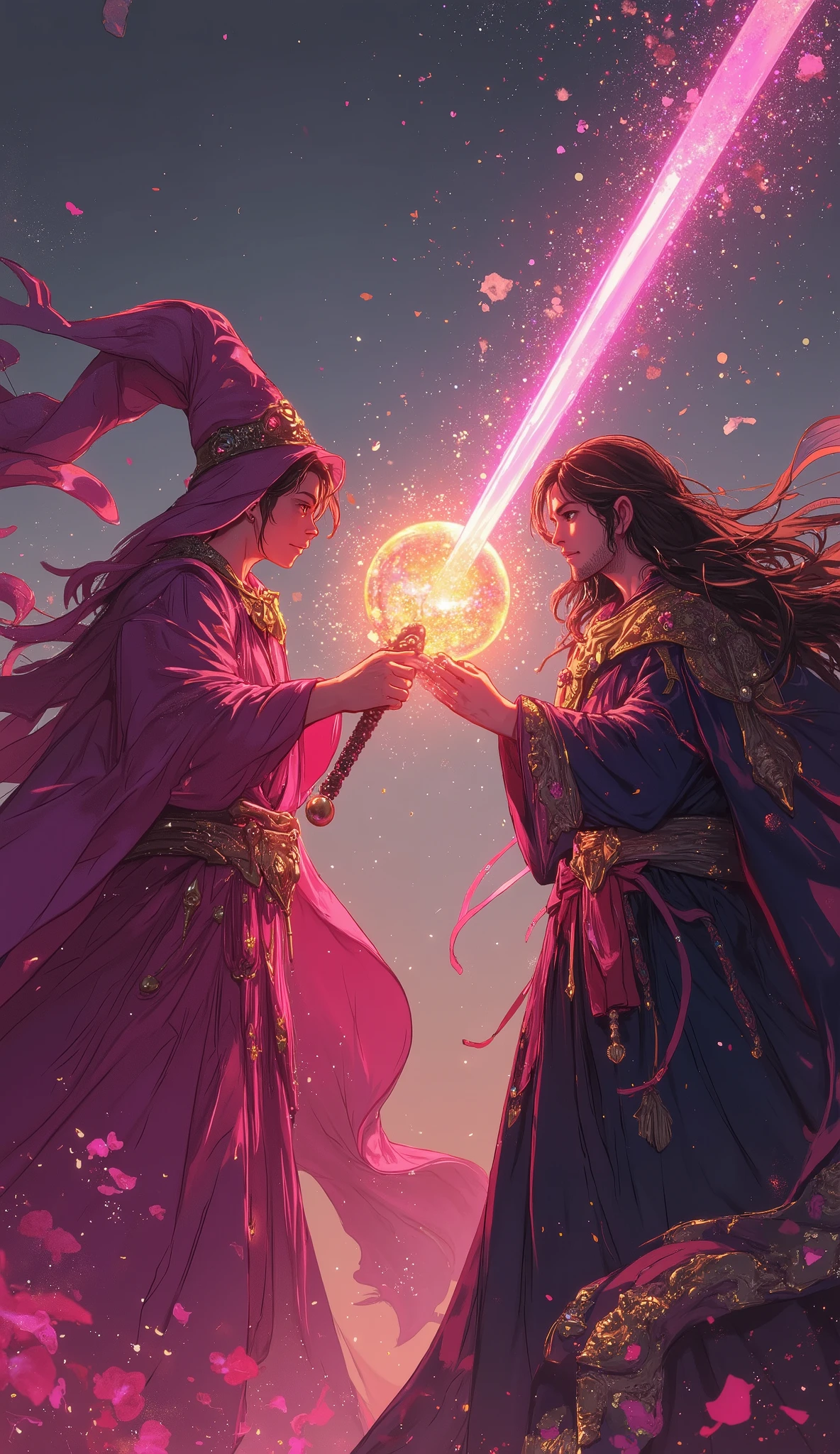 one handsome young men wizards, wear rich pink wizard outfit , hold golden glemering crystal ball, dueling with another one handsome young men wizard, wearing jet black wizards outfit, swing glemering old roses pink saber swords. bettle fields.