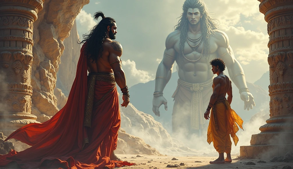 In cinematic 3D cartoon styles " is positioned beside Rama, pointing towards Ravana's navel