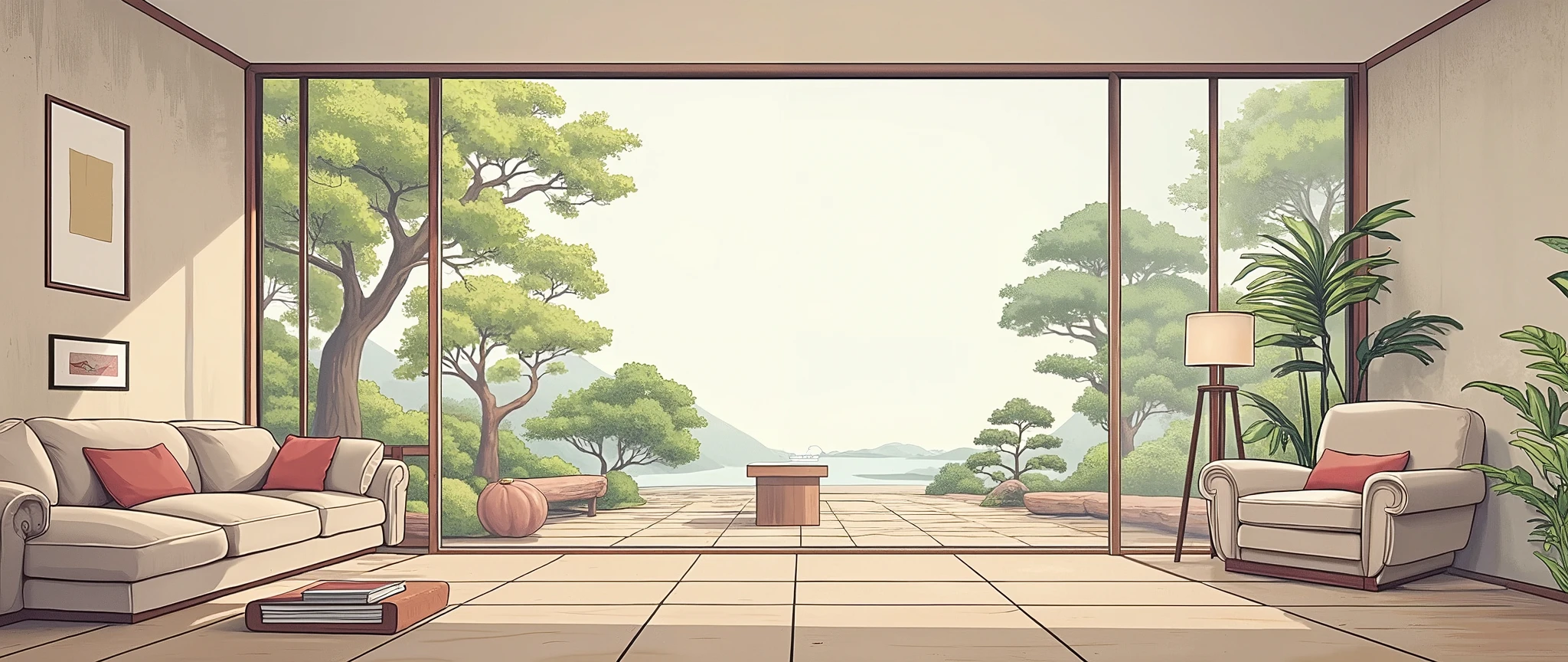 illustration in soft colors predominating , minimalism of a Japanese style living room with window to see the minimalist Japanese garden with bonsai trees, the stage evokes energy and elegance