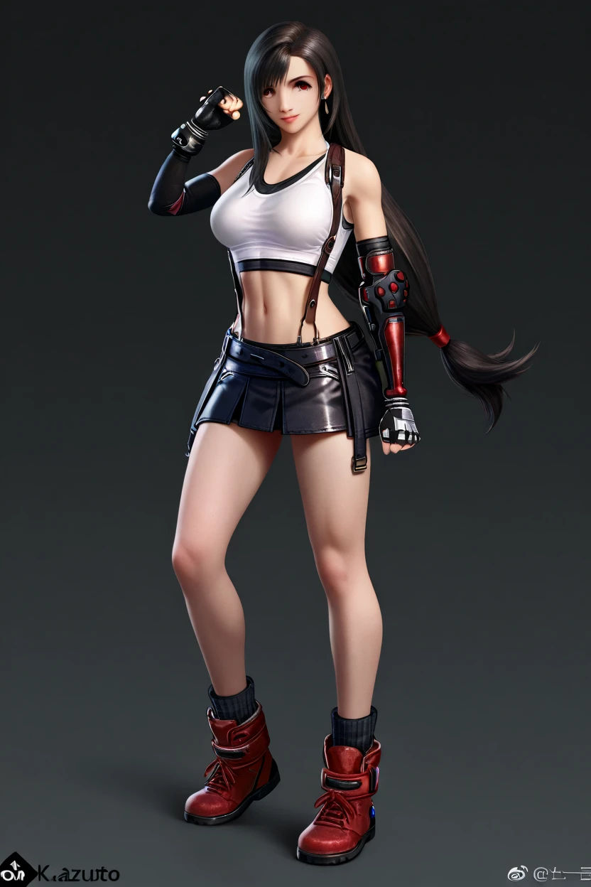 (best quality, masterpiece:1.4), (ultra high resolution:1.4), 8k illustration, extremely detailed, 3D, (realistic:1.45), (photo realistic:1.47), soft focus, blurry background, a Japanese woman, 7rtifa, incredible beautiful woman, extremely delicate and beautiful woman, solo, cute and pretty face, elegant, gentle, neat, red eyes, puffy lips, low-tied long hair, medium breasts, clear and fair skin, perfect figure, earrings, white crop top, suspenders, pleated miniskirt, black thighhighs, arm guards, elbow gloves, fingerless gloves, standing, both hands on hips, gentle smile, (in the slum:1.3), (cowboy shot), (shot from diagonally front), groped by fat ugly pervert, exposed brease