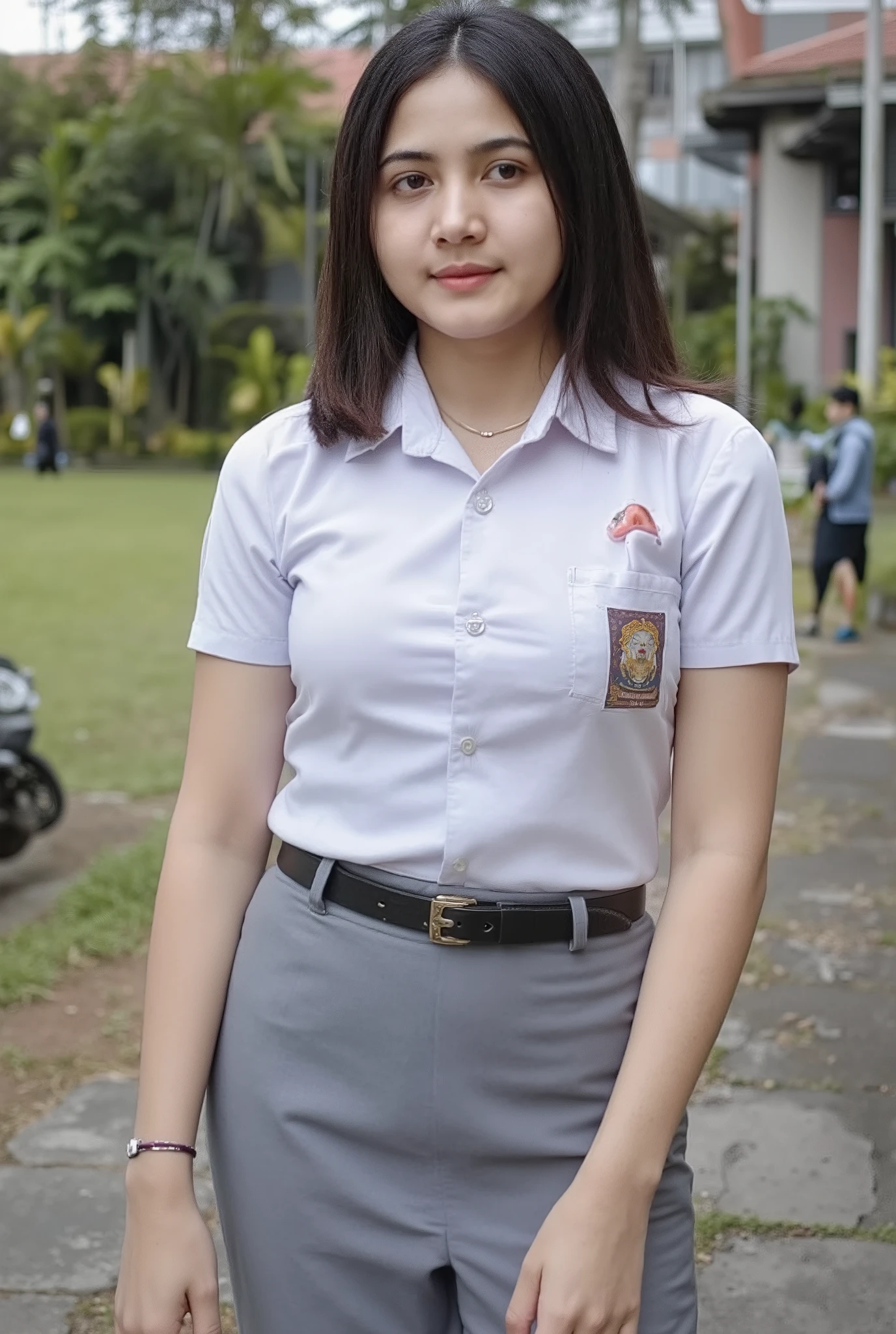 1girl, solo, 19 years old, (uniform), detailed Metropolitan city at the background, portrait, thick breasts, semi-curvy body, smooth realistic skin, cute smile, white shirt, grey blue short skirt, looking at the audience, high angle shot,(8k, RAW photo, best quality, masterpiece: 1.3), (realistic, realistic: 1.37), ultra-high resolution, cowboy shot