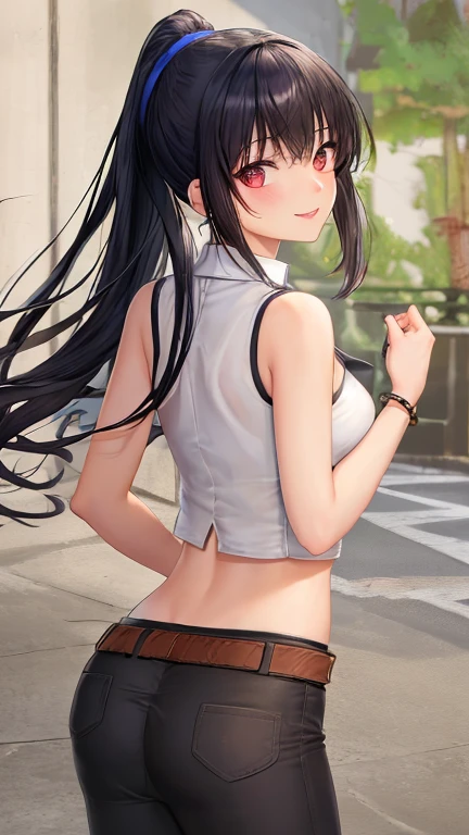 (masterpiece, best quality: 1.2), cowboy shot, solo, 1girl, yaoyorozu momo, anime screencap, city, long hair, black hair, gray eyes, looking at the viewer, lustful, closed mouth, ass, wide hips, short top, short shorts, unbuttoned shorts, erotica, back