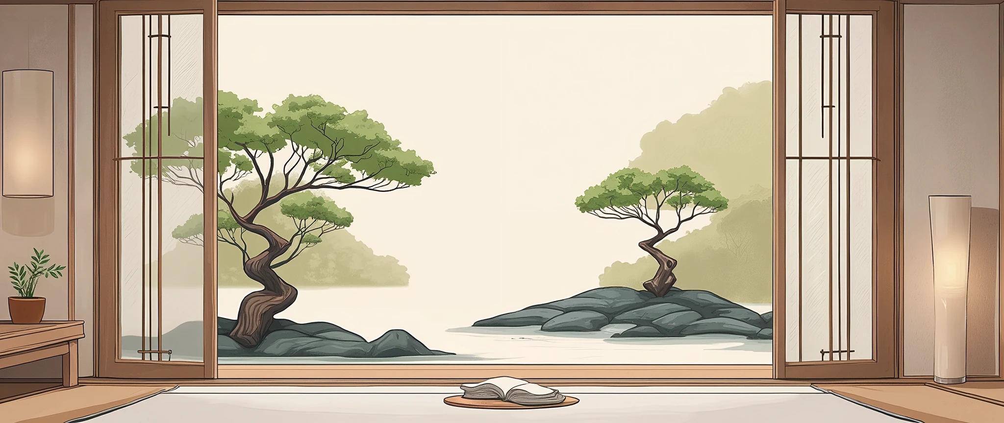 illustration in soft colors predominating , minimalism of a Japanese style living room with window to see the minimalist Japanese garden with bonsai trees, the stage evokes energy and elegance