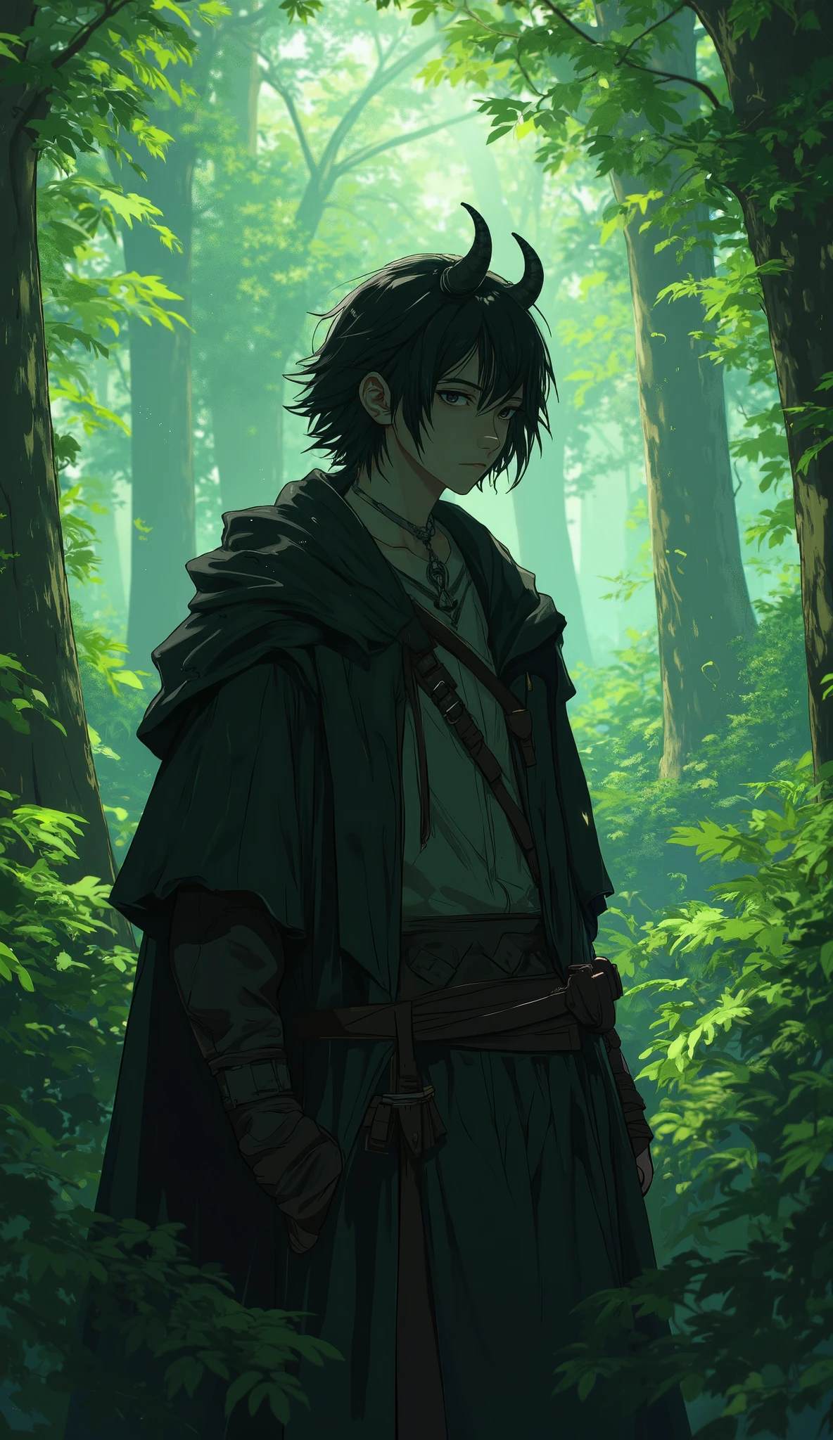 24 year old boy with black hair, Faunus horns , black eyes, dark and wicked look . Forest background photo style. middle age outfit