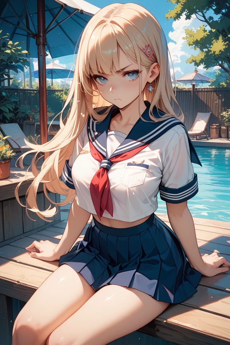 1 lady, HD quality, anime, solo full body shot, (sitting with hands back:1.3), (open legs to limit:1.5), (with one knee up:1.3), showing pubic area:, (under boob:1.6), Large breasts, (cleavage), smiling, (thin thighs:1.3), (Sailor uniform only for the upper body:1.5), (Crop Top sheer white shirt:1.5), (sleeveless:1.6), without brassiere, (sheer white tiny micro thong:1.5), poolside, (Green detailed eyes), blue sailor collar, red ribbon tie
