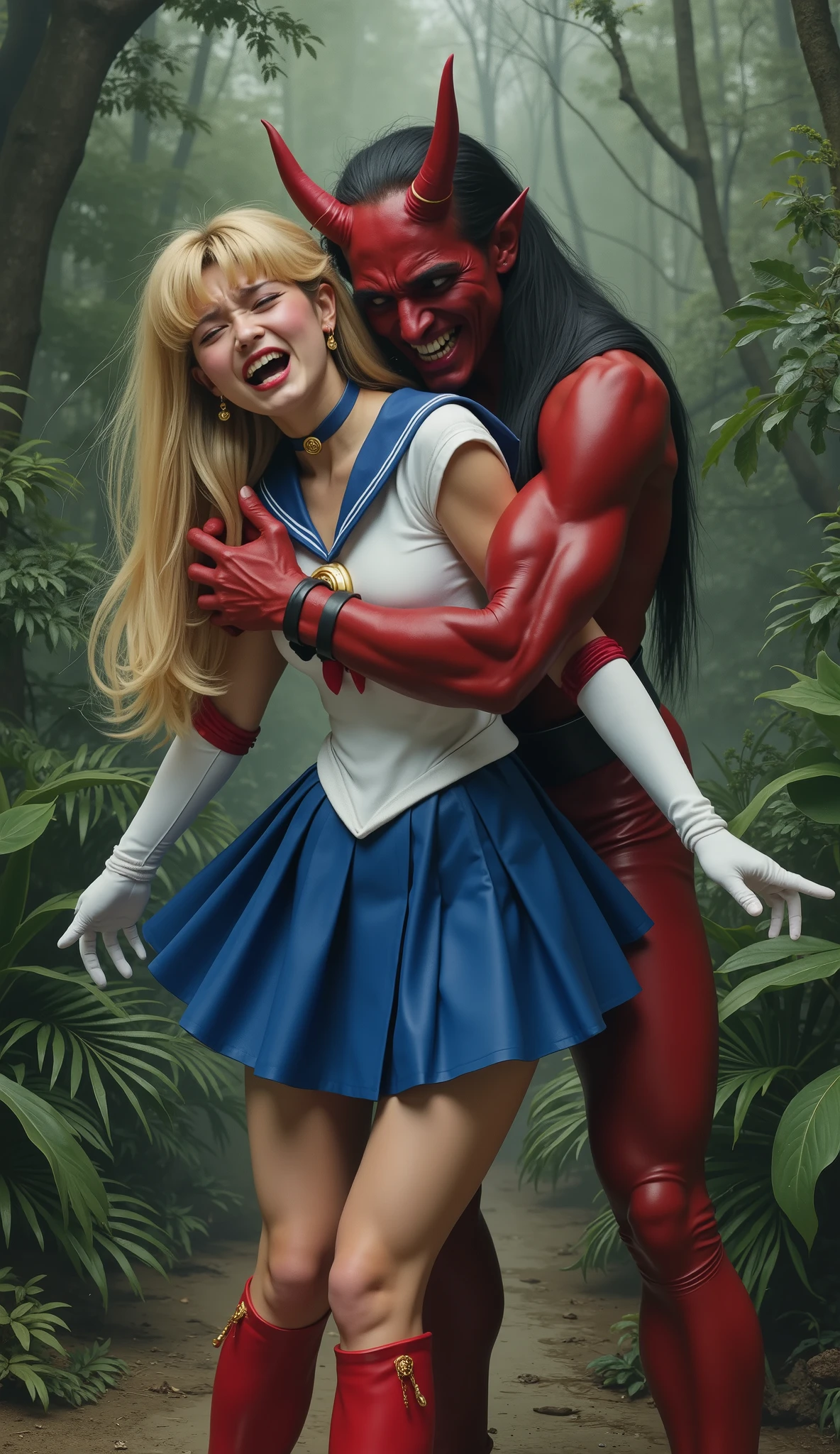 Hyperrealism, masterpiece, highest quality, A young Japanese woman is bending down and hugging from behind by a devil, ((she is crying and screaming in pain)), tears from her eyes, painful face, she is wearing a Sailor Moon costume, Blue sailor collar, Blue short mini pleated skirt, she is wearing pleated skirt, blue pleated skirt, Long white gloves, shiny beige color pantyhose, red high boots, Exposed thighs, red long boots, big choker, long blonde Hair, a devil is standing sexual assault her from behind, the devil is hugging her tightly and push his private part into her body, in the jungle,