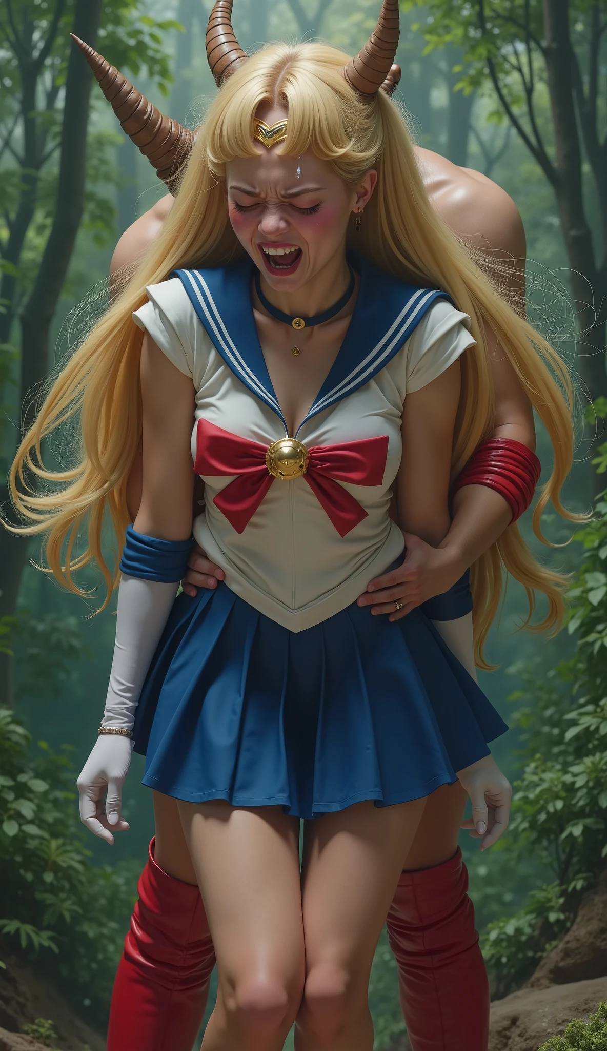 Hyperrealism, masterpiece, highest quality, A young Japanese woman is bending down and hugging from behind by a devil, ((she is crying and screaming in pain)), tears from her eyes, painful face, she is wearing a Sailor Moon costume, Blue sailor collar, Blue short mini pleated skirt, she is wearing pleated skirt, blue pleated skirt, Long white gloves, shiny beige color pantyhose, red high boots, Exposed thighs, red long boots, big choker, long blonde Hair, a devil is standing sexual assault her from behind, the devil is hugging her tightly and push his private part into her body, in the jungle,