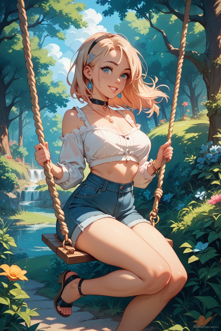score_9, score_8_up, score_7_up,
1girl, solo, blue eyes, blonde hair, short skirt, tube top, jean jacket, tree, swing,
<lora:PossumMachine:1> posmach,