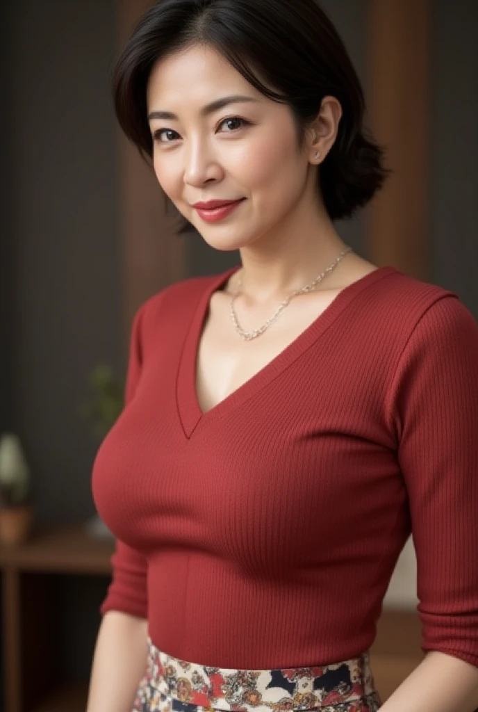 8k,realisitic,a picture,Mature and attractive woman,Middle-aged woman,Wrinkles at the corners of the eyes,sixty years old,aunty,Korea person,Narrow-eyed,red clothing,bbw,fatness,A smile,masterpiece,top-quality