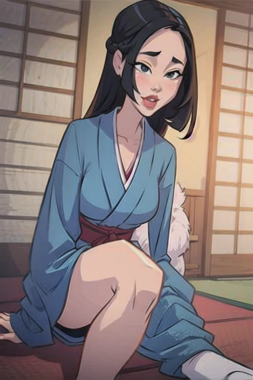 1990s (style) 1980s (style) retro artstyle, One woman, MYLF, bob_cut, black_hair, green_eyes, large breasts, pubic_hair, NSFW, sweating, open kimono, smiling, spa, steamy, hot, wet body, sweating