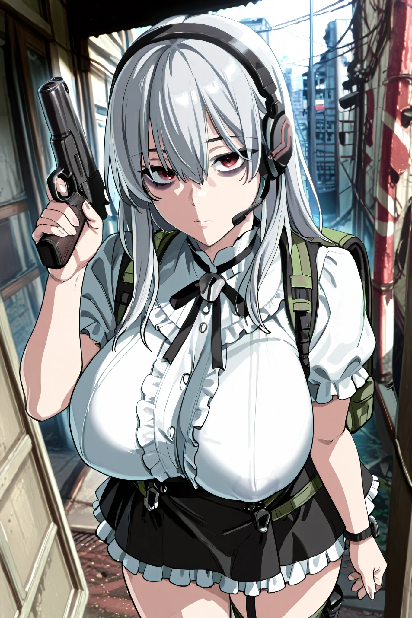 gray hair、( dark circles under eyes、Pale Red Eyes )、 headset、Dog Tags、backpack、( ruffle blouse、ruffle skirt)、Bulletproof vest、plate carrier、cute、 girl、 high school 、(has a handgun)、android for service、((very big breasts))、 sexy、anime style、City in Ruins、high image quality、high quality