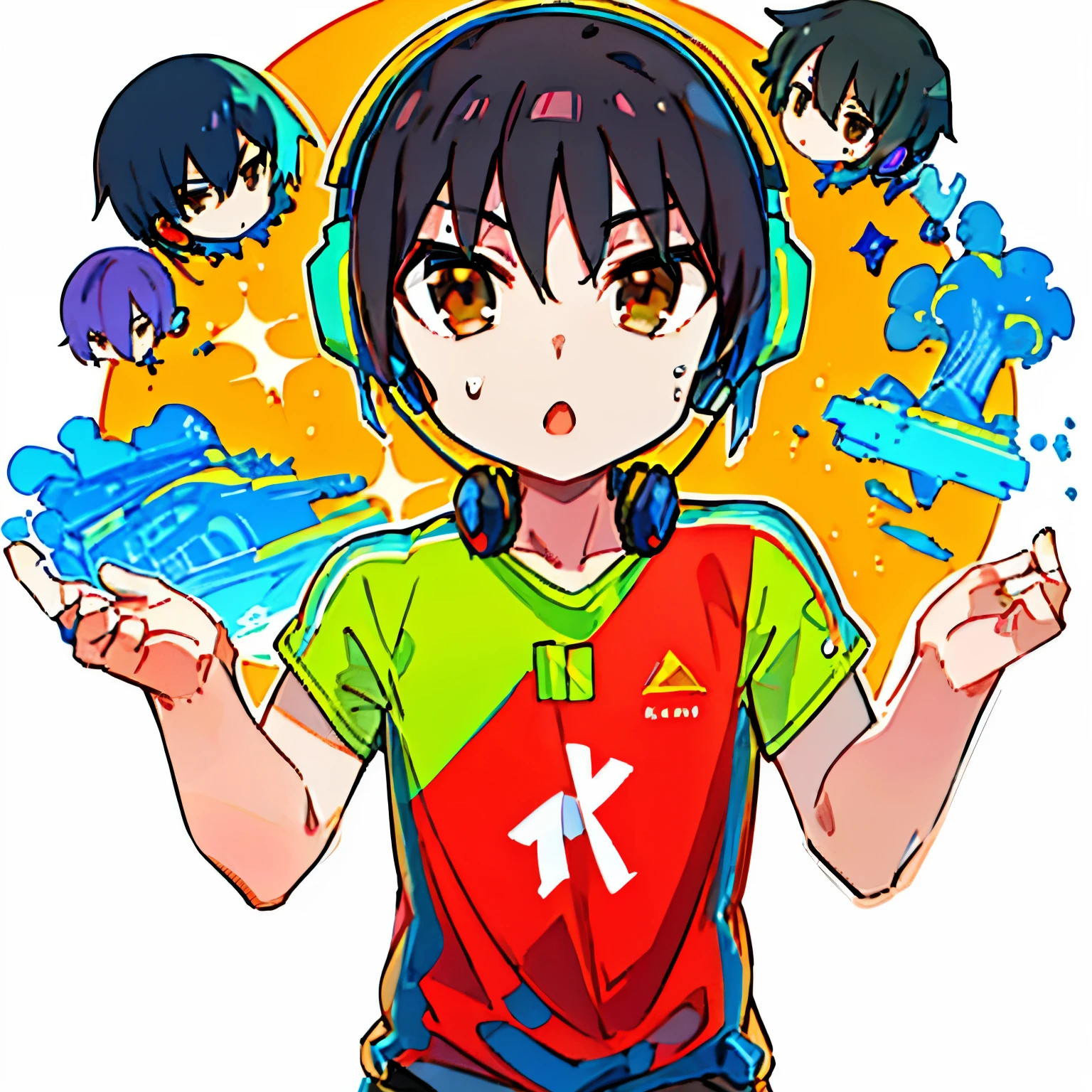 masterpiece, best quality, highres, absurdres, 4k resolution, official art, source_anime, male, 1boy, cool, sharp eyes, expressive eyes, brown eyes, headphones, waist up, shrug, shrug emoji, hands up, fingerless, green shirt, black hair, pitch black hair, night hair, straight hair, pointed bangs, fair skin, white background, plain background,