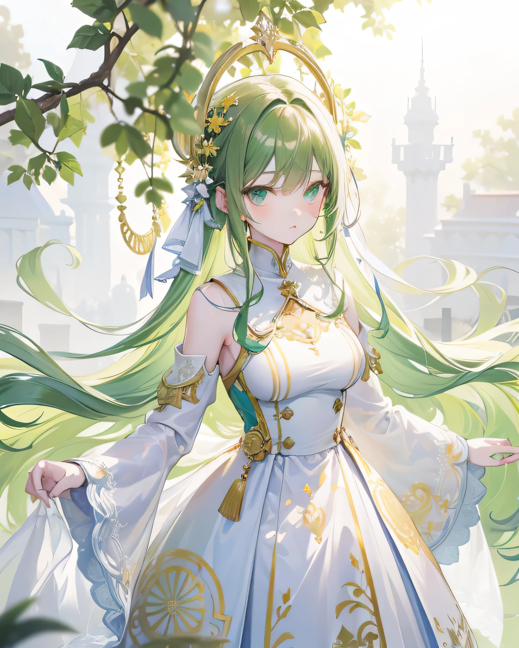 Green color, long white hair ,white,milky white clothes,High Resolution, masterpiece, anatomically correct, accurate, highest quality, Details, High details, high image quality model, quality, very detailed, Ultra High Definition, textured skin, woman,Gold thread embroidery with fine patterns