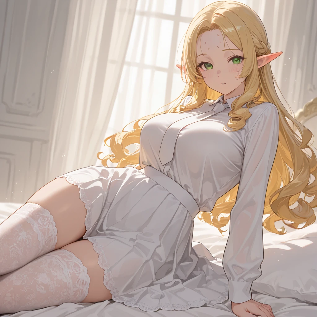 (masterpiece, best quality:1.1), 1girl, solo, beautiful red eyes, medium blonde hair, pointy ears, sitting, little smile, long sleeves, blue headwear, hood, blue cape, forest, small mushroom, tree, moss, outdoors, grass, nature, day, closed mouth, full body, looking at viewer, tree stump, cloak, plant, sunlight, white shirt, bird, underwear, braid, on ground
BREAK
elf's shoes, brown gloves