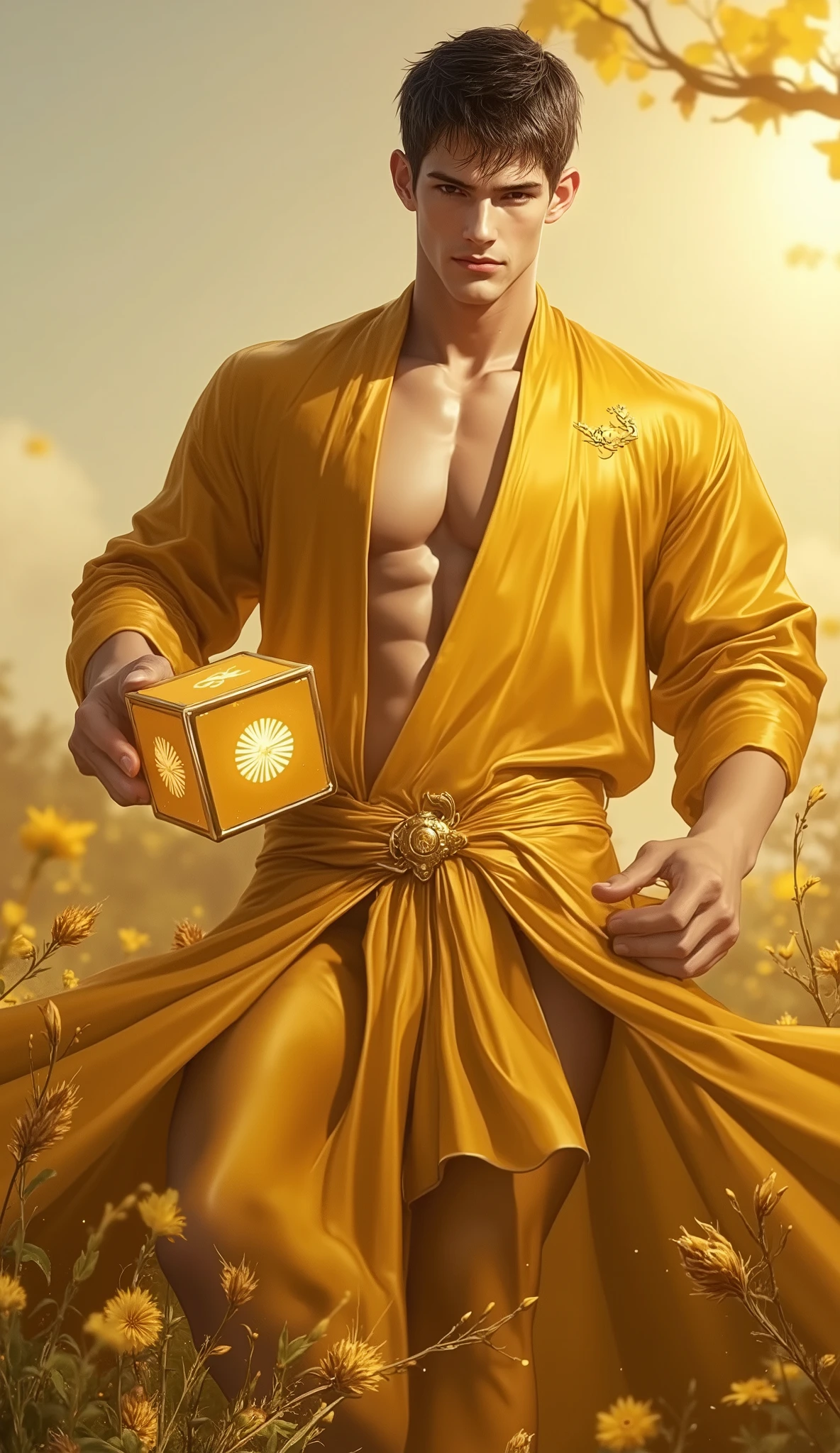Young wizard man, Handsome, sexy in a rich yellow outfit, tunic style that leaves your abdomen exposed, with a with glemering golden sun logo. super shiny cube box in his right hand with his legs exposed, pronounced glutes, delicate appearance. weadow background photo style
