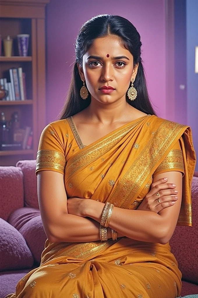 A young Indian woman, wearing a traditional saree, standing inside a modern living room, serious and unhappy