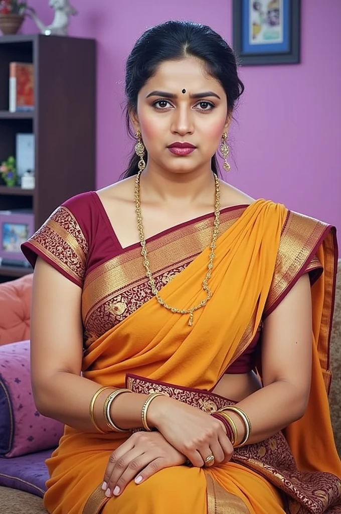 South Indian women, wearing red colour chiffon transparent shiny skirt and black chiffon shirt