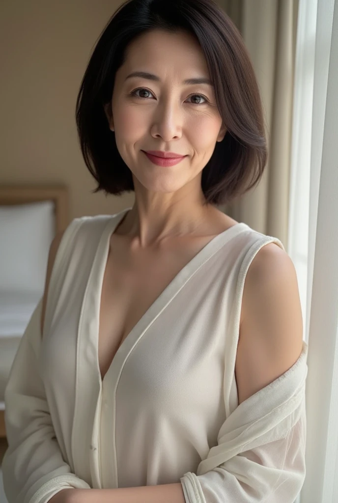 78 years old,(A MILF:1.2), a captivating gaze,(((long old gray hair))),Brown eyes, (A lot of wrinkles on her face:1.4), (There are many wrinkles on her chest1.4),Old Woman, Detailed wrinkles (8K, High resolution,ultra-quality, An ultra-high picture quality,Ultrarealistic,Best Quality,masuter piece:1.2)(breasts are large,Large cleavage:1.1) ,(Old Woman in Japan) ,sexy langeries,eyes visible through hair, Proper eye position,Cinematic Light,Soft light,lower back,Night time,Soft moonlight,detailed color graded background,Convoluted, ighly detailed,8K,Overall silhouette,Bedrooms,Looking down,(((Tunic sweater))),skirt by the