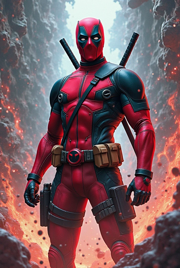 Muscular Deadpool holding Mjolnir