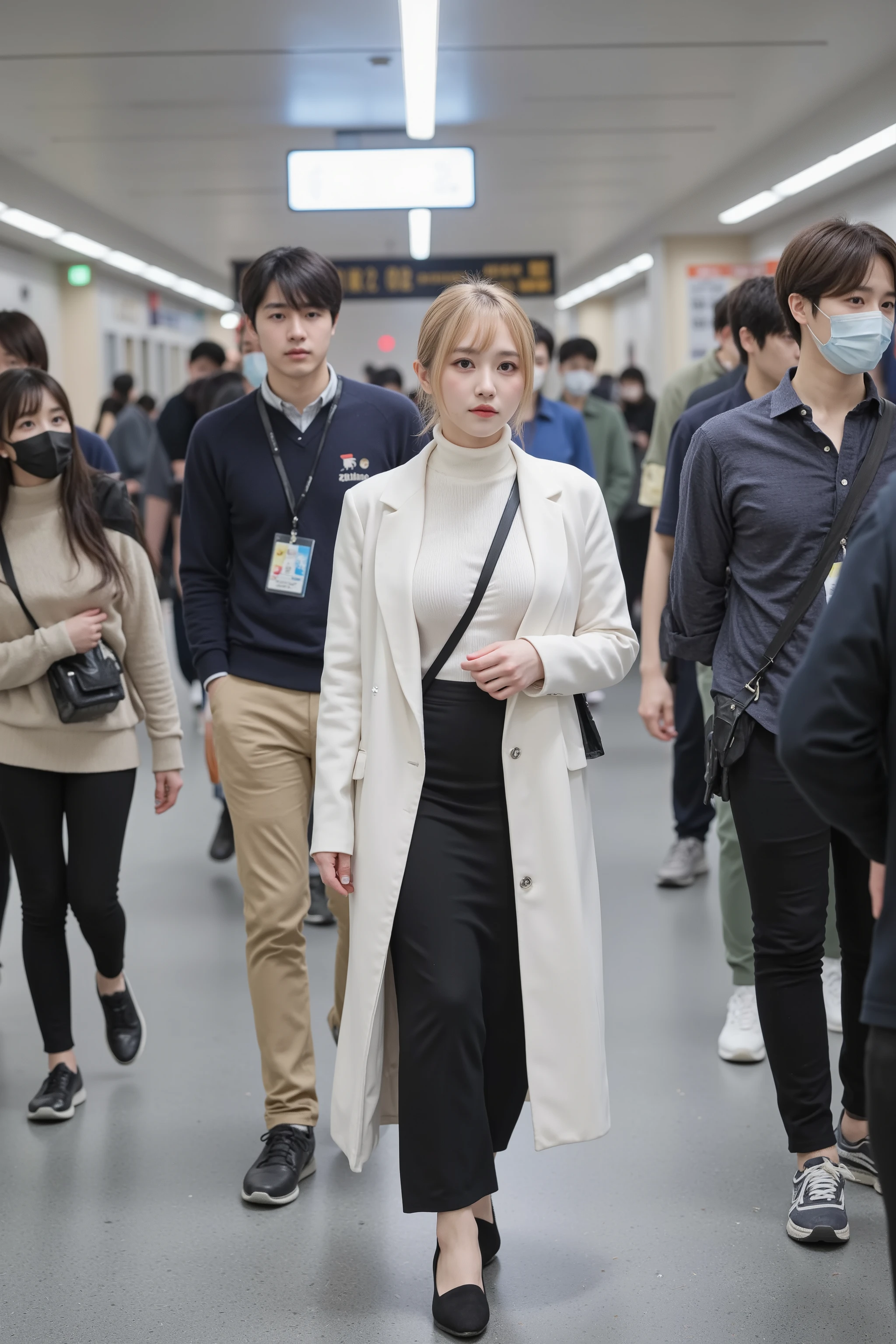 A Japanese woman walks through a crowded Tokyo train station、with medium blond hair, wearing a short white coat、I'm wearing a turtleneck knit underneath my coat、Composition from Shomen showing them wearing a tight black mermaid long skirt、The skirt has a slit so you can see your thighs、A composition showing a person walking looking in the direction of travel as if in a hurry from Shomen、Highest quality photorealistic image