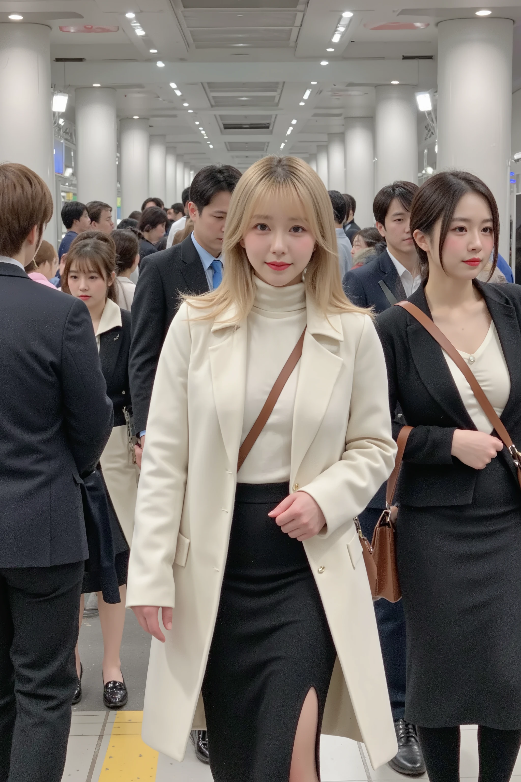 A Japanese woman walks through a crowded Tokyo train station、with medium blond hair, wearing a short white coat、I'm wearing a turtleneck knit underneath my coat、Composition from Shomen showing them wearing a tight black mermaid long skirt、The skirt has a slit so you can see your thighs、and walking in a hurry looking in the direction of travel、Highest quality photorealistic image