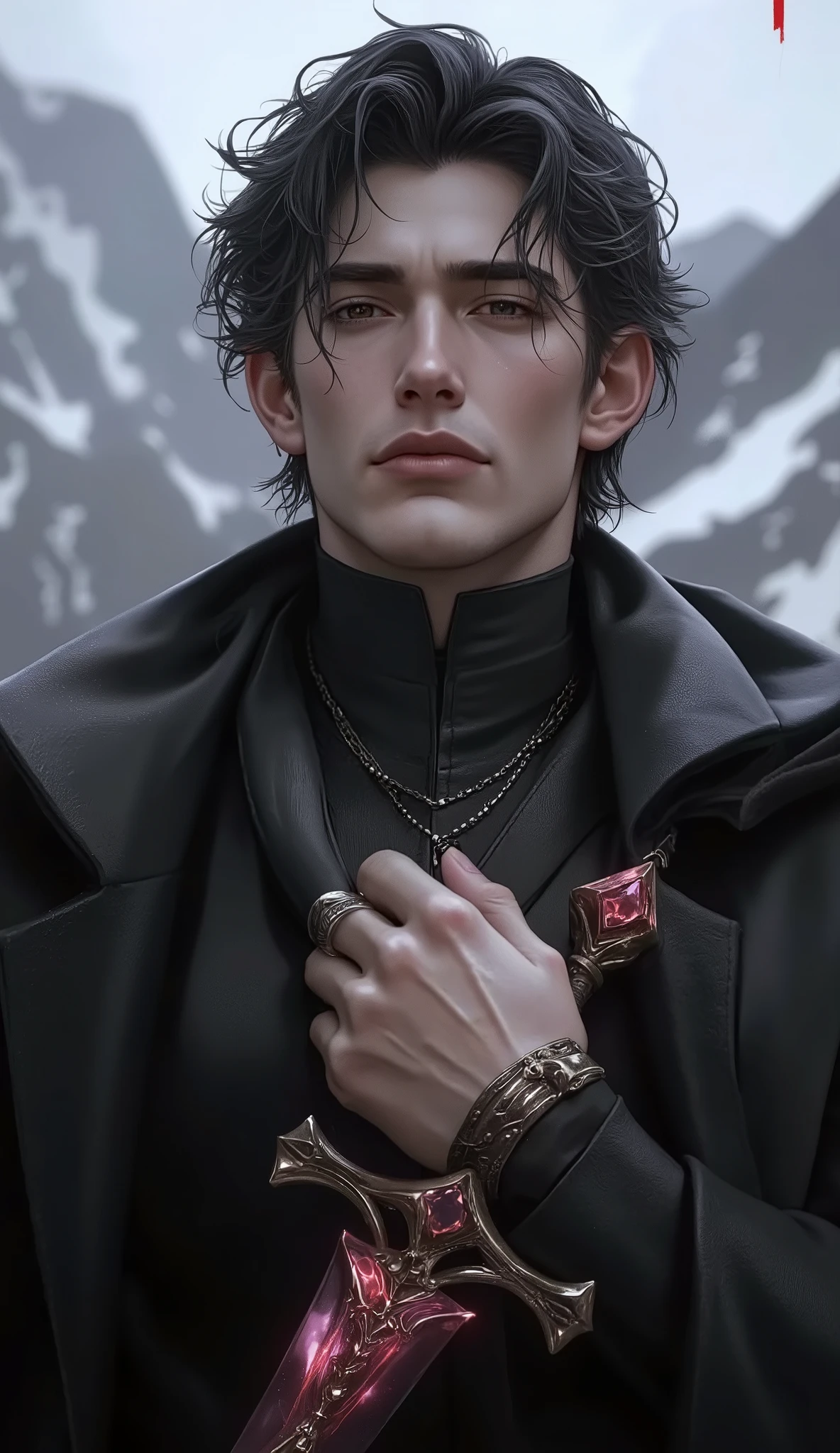 Young wizard man, Handsome, sexy in a jet black outfit, tunic style that leaves your abdomen exposed, with a old roses pinks glemering saber sword in his right hand , pronounced glutes, delicate appearance. His eyes are deep and mesmerizing, a rich amber . His hair is a deep, raven black, with subtle hints of crimson highlights with medium-length strands that fall naturally in soft, wavy layers. mountain background photo style