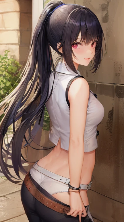 (masterpiece, best quality: 1.2), cowboy shot, solo, 1girl, yaoyorozu momo, anime screencap, city, long hair, black hair, gray eyes, looking at the viewer, lustful, closed mouth, ass, wide hips, short top, short shorts, unbuttoned shorts, erotica, back