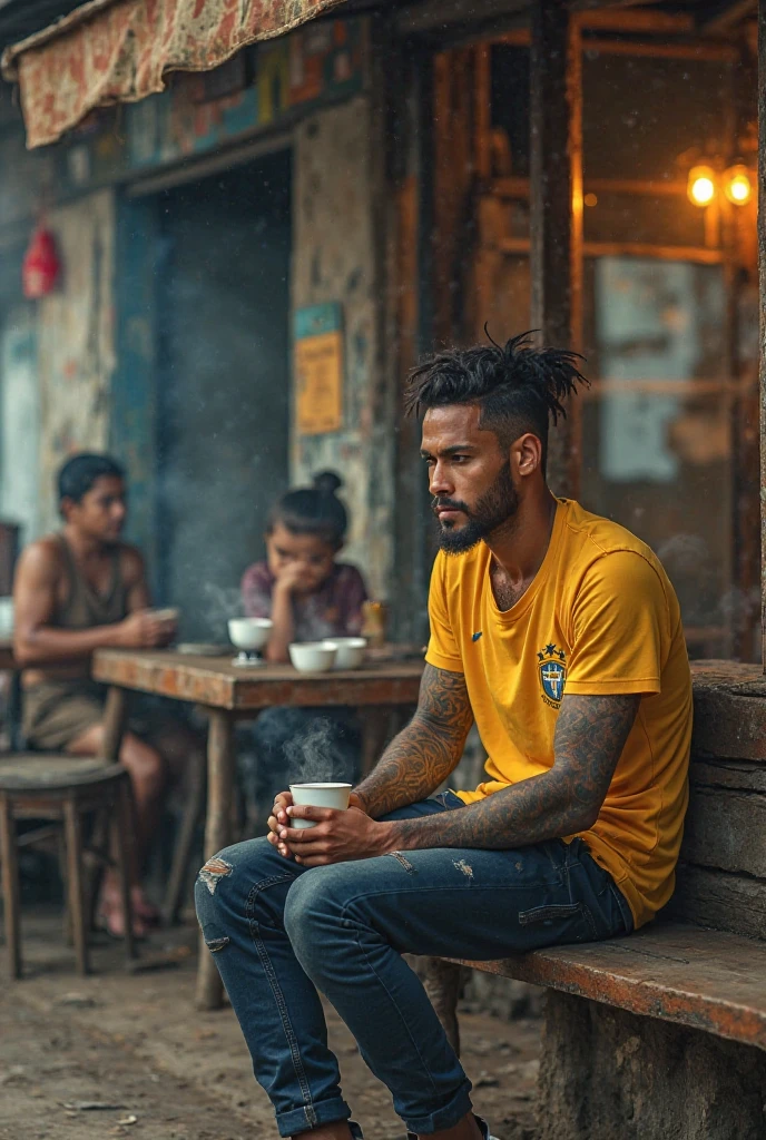 Drawing of a drunk teenager on the street of an indigenous town sitting on the sidewalk consuming drugs and alcohol, keeping the background of this image