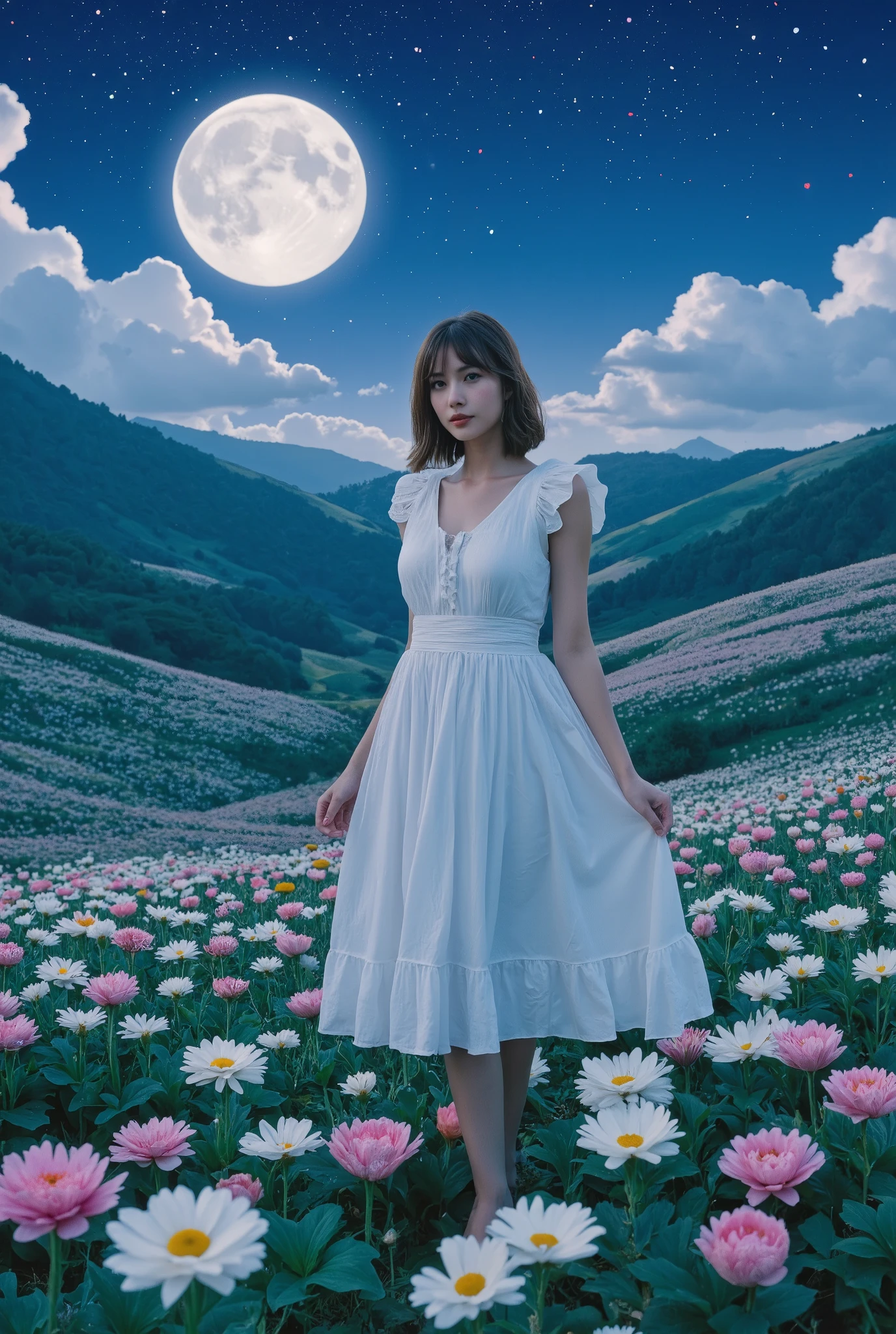 Create an image of a stunning 20-year-old Japanese girl with fair skin stands gracefully in a moonlit flower field. She has medium-length straight hair with parted bangs, and she wears a white summer dress. The background features a stunning patchwork of flowers sprawling across the hills, illuminated by the enchanting glow of a large moon, creating a magical atmosphere.