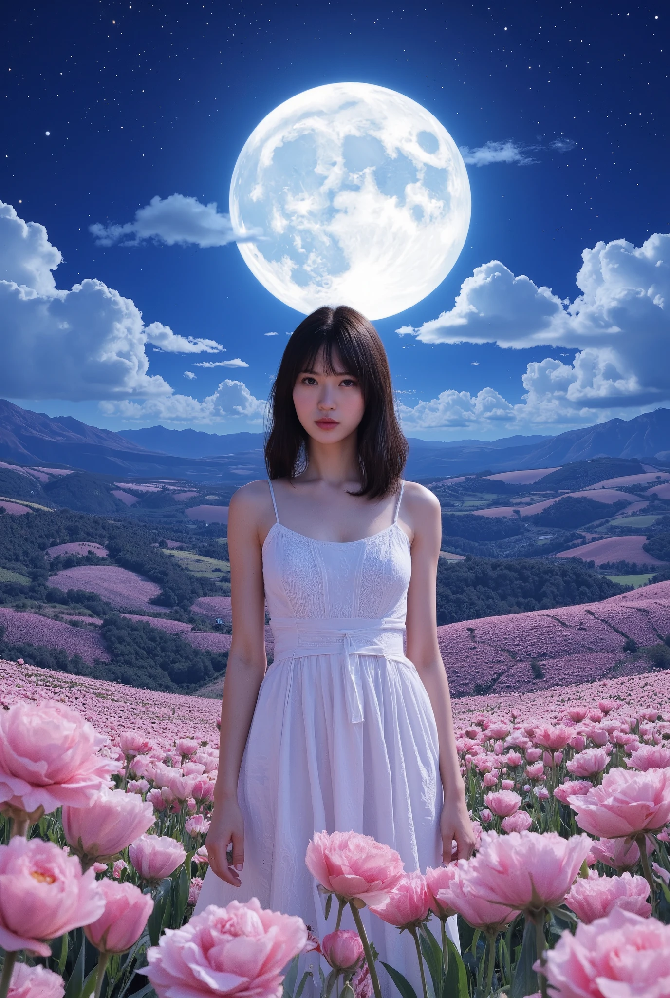Create an image of a stunning 20-year-old Japanese girl with fair skin stands gracefully in a moonlit flower field. She has medium-length straight hair with parted bangs, and she wears a white summer dress. The background features a stunning patchwork of flowers sprawling across the hills, illuminated by the enchanting glow of a large moon, creating a magical atmosphere.