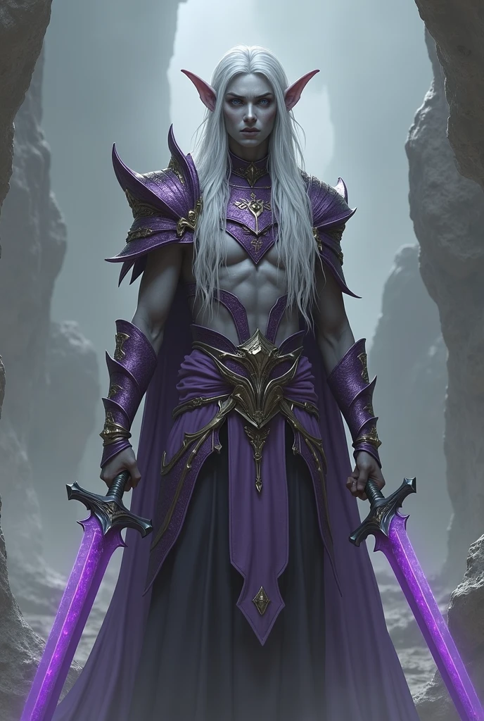 A dark elf rogue (male, pitch black skin, violet eyes, platinum hair, lean and muscular, wielding long sword and metal shield, chain mail, spider motif) is striking combat poses, deep magical dungeon