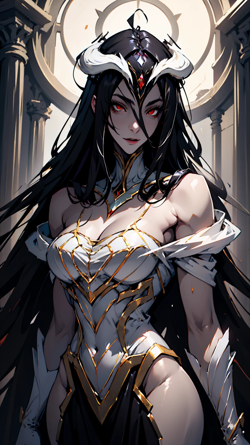 Girl, long hair, golden eyes, glowing eyes, black hair, mature beauty, pretty, black aura,