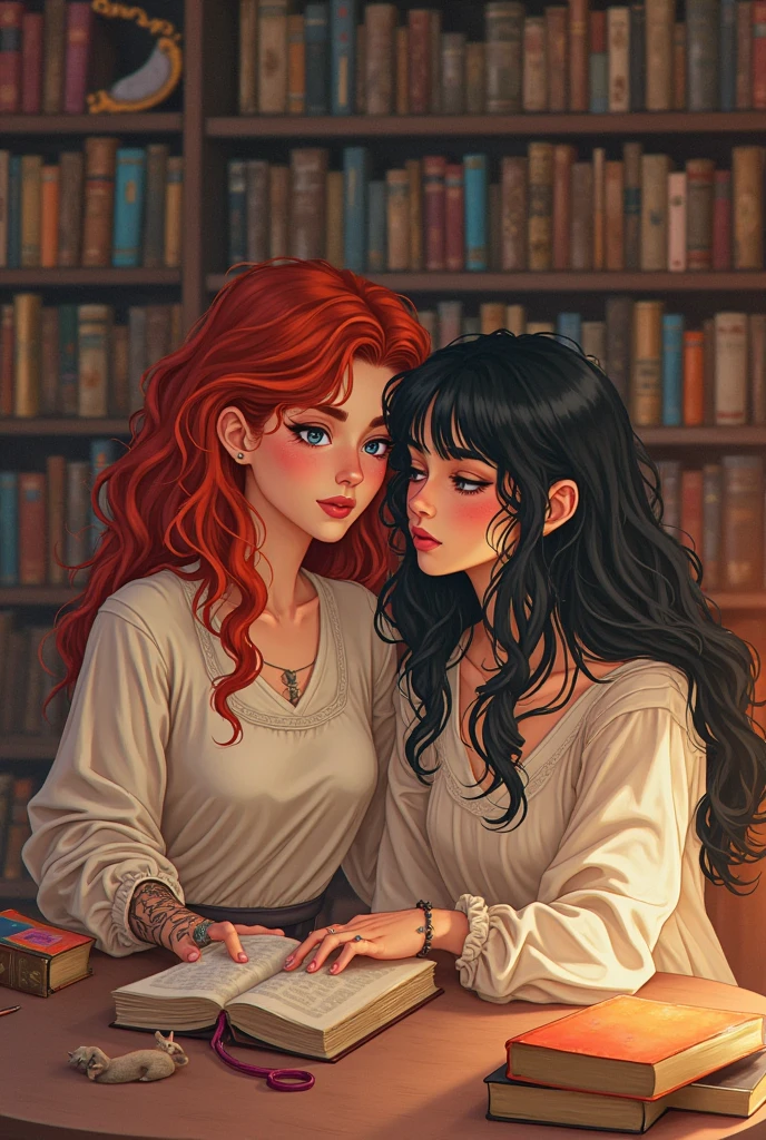Two young and attractive girls, One with long wavy red hair, light eyes and white skin and the other a young and attractive girl with short black hair with blue highlights and white skin, They both wear dark, modern clothes., They are together holding a book each.. Both are inside a cabin