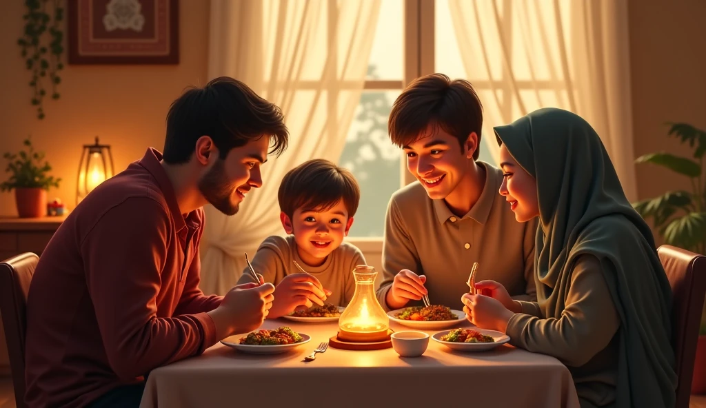 Draw in Pixar style, a smiling family that looks happy, the family is sitting in the dining room around the dinner table, the family consists of the father, who is 35 years old, and the mother, who is 2, in modest Islamic dress, her head is covered and her dress is beautiful and long, the family also consists of the son, who is , and the daughter, who is , the details are wonderful and the image quality is high, the lighting is high coming from the windows, and the colors are rich, the living room is organized and elegant and has some plant pots