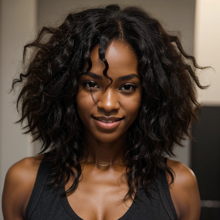 A black woman with a black wavy curly hair with a background neutral
